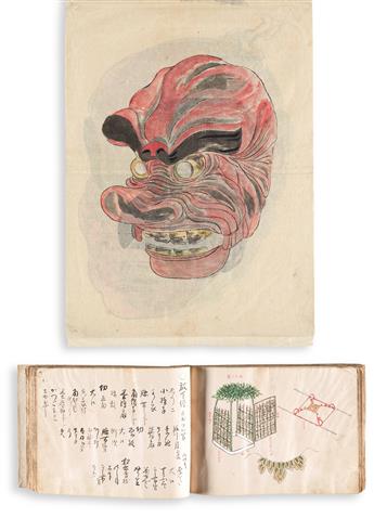 (JAPAN -- THEATER DESIGN.) Manuscript notebook of traditional Noh theater set and costume design.
